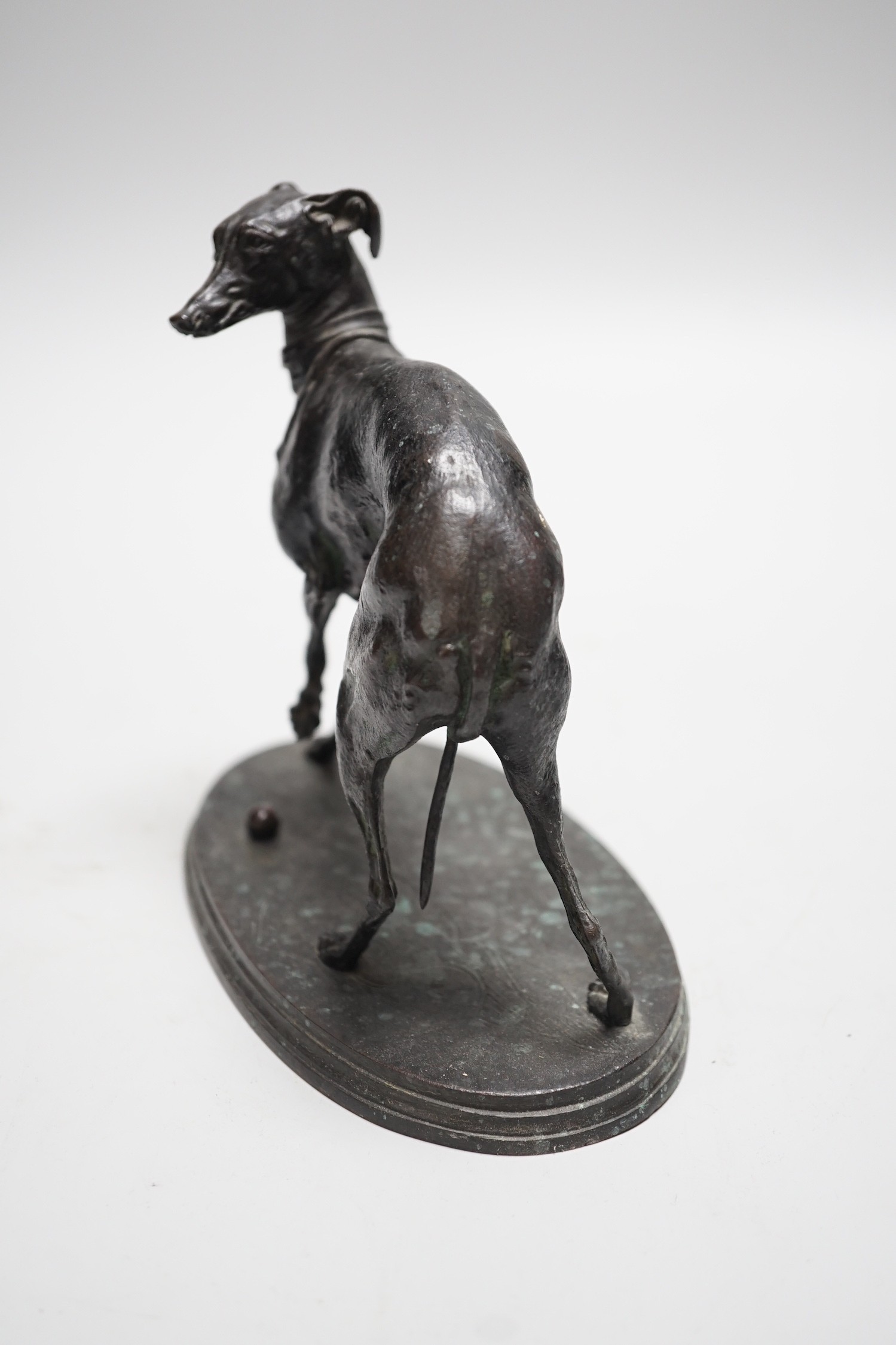 After Pierre-Jules Mene, A bronze study of a whippet, signed to underside, 17cm wide, 15cm high